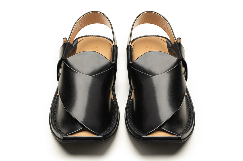 	Cut shape jet black Peshawari chappal with folded leather upper, Charsadda