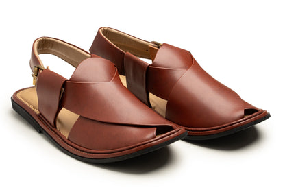 Round toe brown Peshawari chappal Saplay sandal, side view