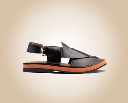 "Kaptaan Jet-Black Saply sandals, known as Peshawari Chappal, featuring traditional leather craftsmanship."