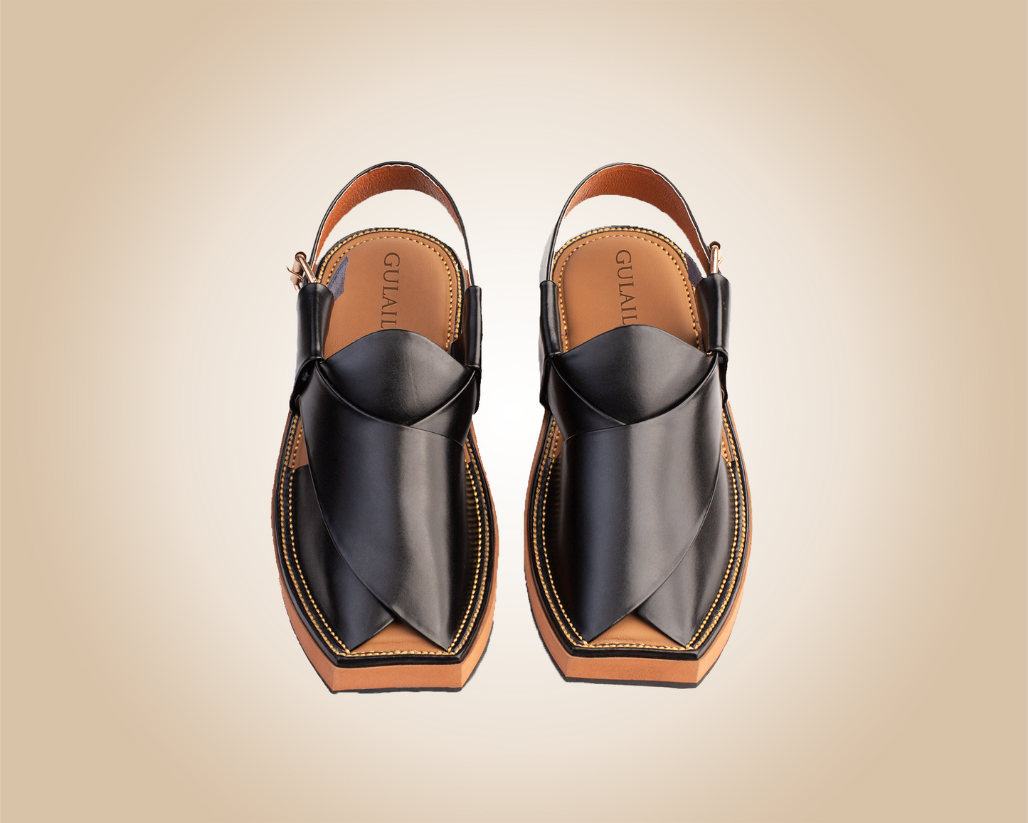 "Kaptaan Jet-Black Saply sandals, known as Peshawari Chappal, featuring traditional leather craftsmanship."