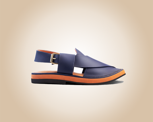 "Kaptaan Blue Saply sandals, known as Peshawari Chappal, featuring traditional leather craftsmanship."