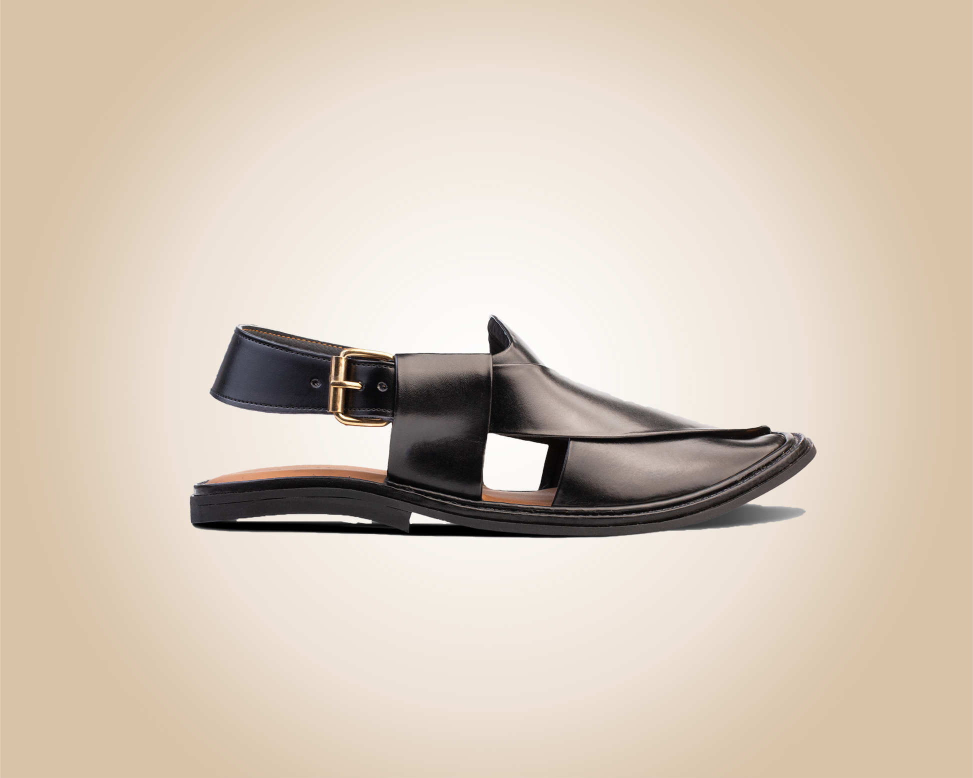 "Round Shape Jet Black Saply sandals, known as Peshawari Chappal, featuring traditional leather craftsmanship."